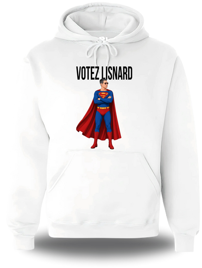 Sweatshirt à capuche blanc « Votez Lisnard Superman » vu de face, design politique et élection