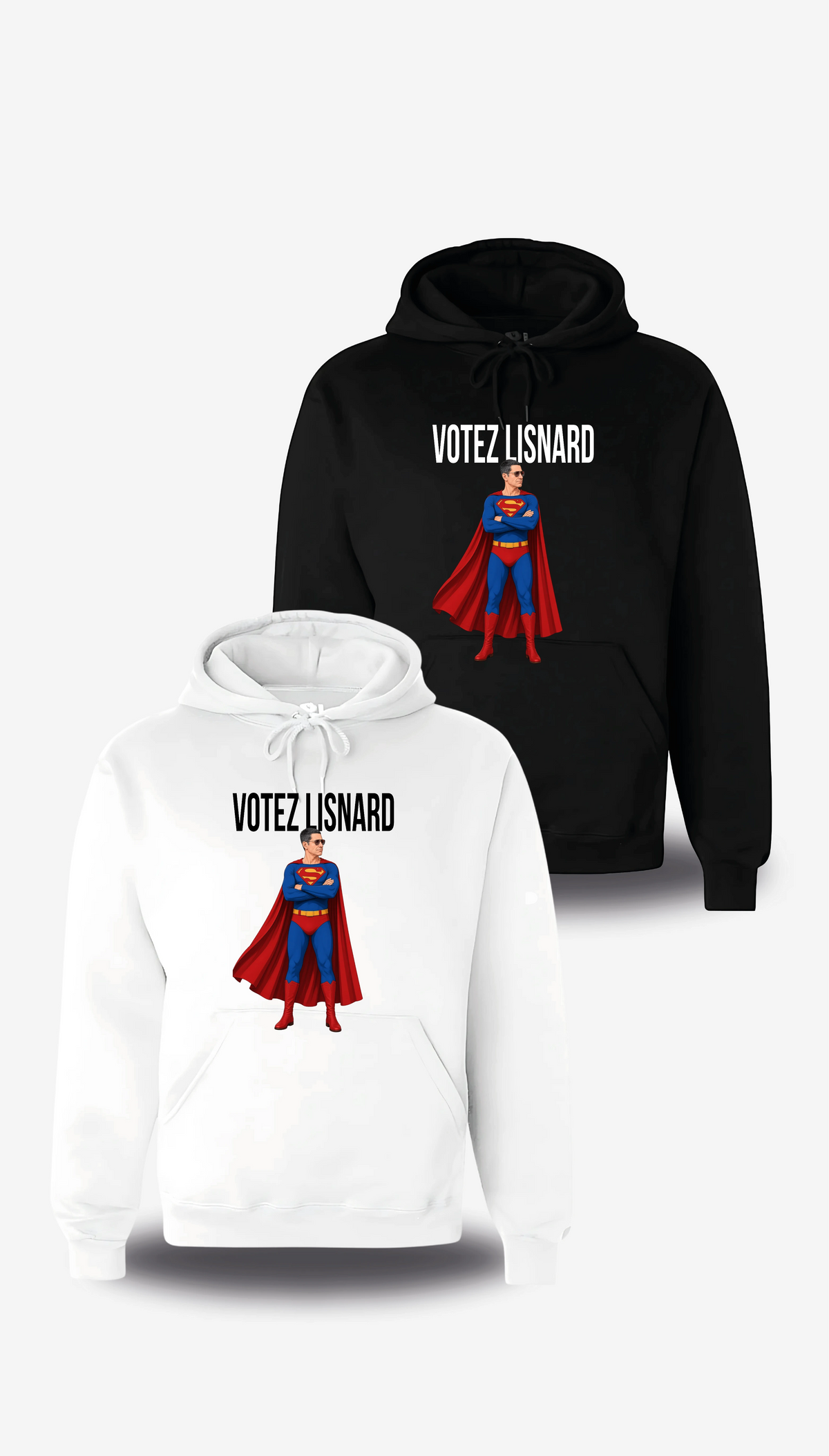 Sweatshirt à capuche « Votez Lisnard Superman » en blanc et noir, vus de face, design politique et élection