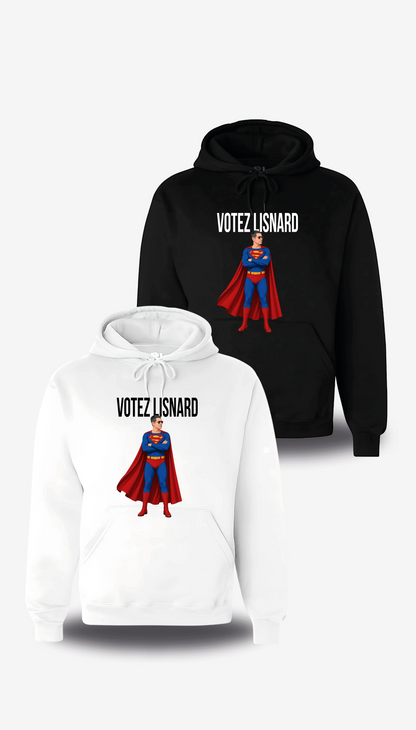 Sweatshirt à capuche « Votez Lisnard Superman » en blanc et noir, vus de face, design politique et élection