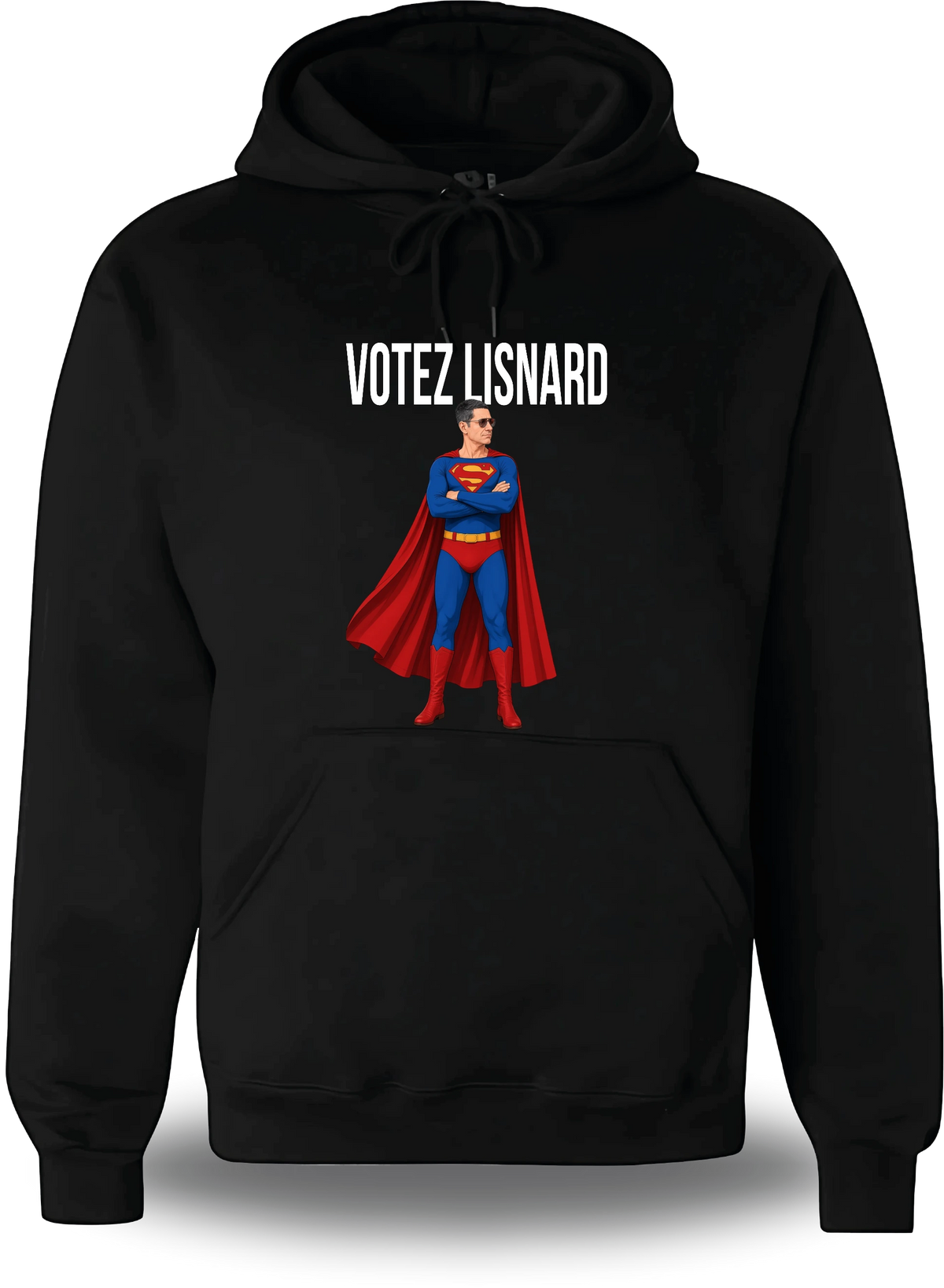 Sweatshirt à capuche noir « Votez Lisnard Superman » vu de face, design politique et élection