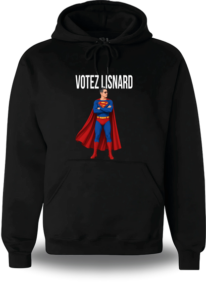 Sweatshirt à capuche noir « Votez Lisnard Superman » vu de face, design politique et élection
