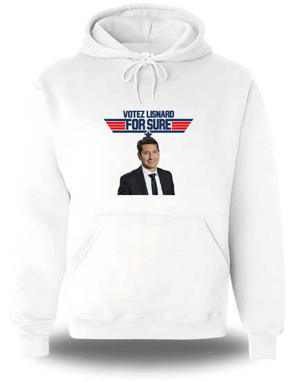 Sweatshirt à capuche blanc « Votez Lisnard - For Sure » vu de face, design politique et élection