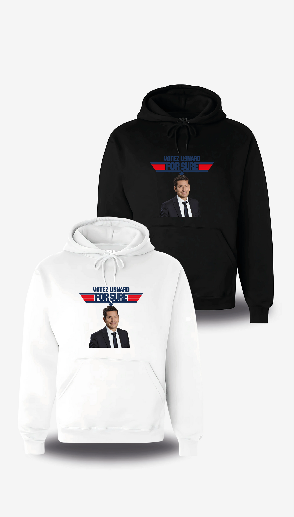Sweatshirt à capuche « Votez Lisnard - For Sure » en blanc et noir, vus de face, design politique et élection