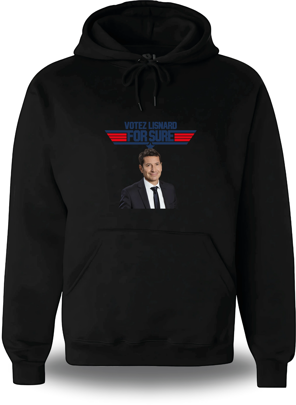 Sweatshirt à capuche noir « Votez Lisnard - For Sure » vu de face, design politique et élection