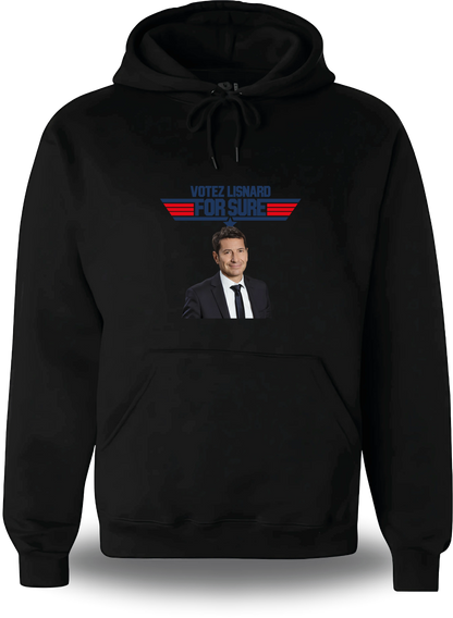 Sweatshirt à capuche noir « Votez Lisnard - For Sure » vu de face, design politique et élection