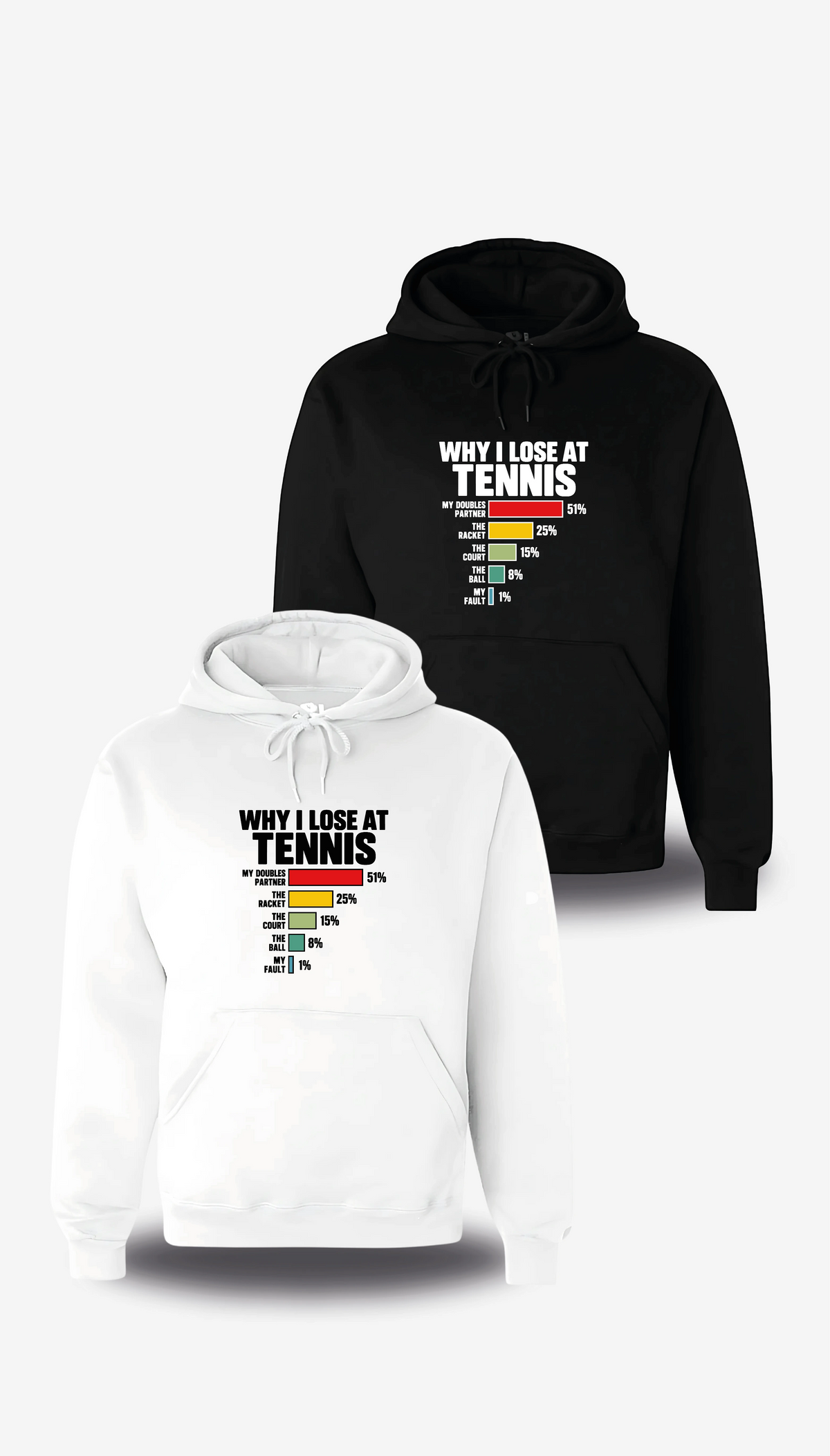 Sweatshirt à capuche Why I Loose At Tennis en blanc et noir, vus de face, design humour, sport, Lose, parfait