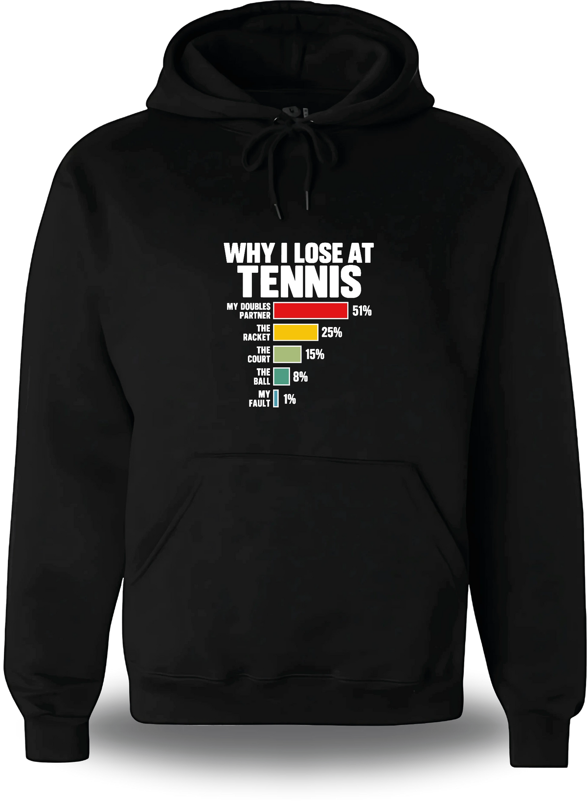 Sweatshirt à capuche noir Why I Loose At Tennis vu de face, design humour, sport, Lose, parfait