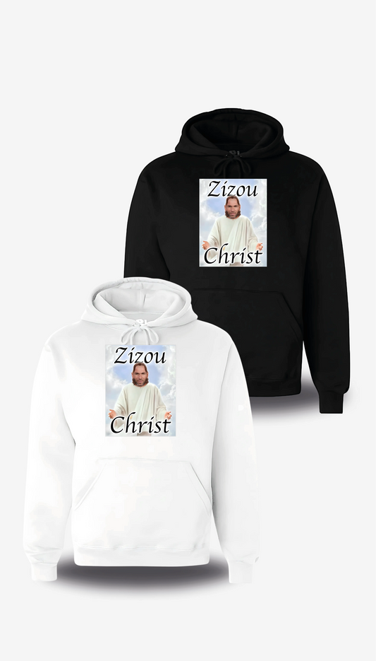 Felpa con cappuccio «Zizou Christ - Zidane CT della Francia», in bianco e nero, vista frontale, design a tema calcio