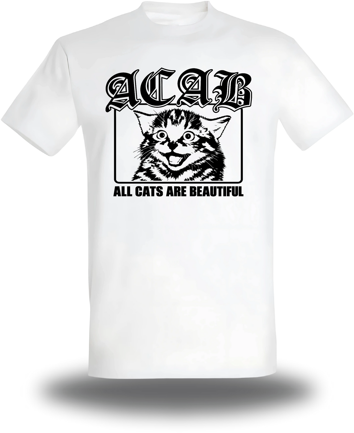 T-shirt blanc « ACAB All Cats Are Beautiful » vu de face, design politique et communauté