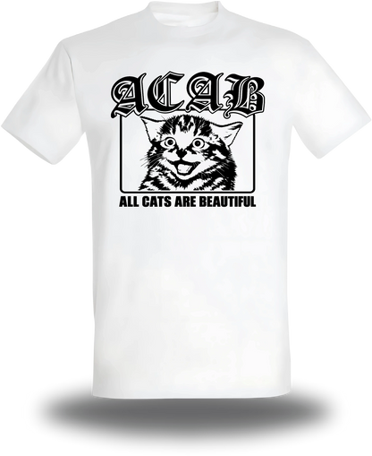 T-shirt blanc « ACAB All Cats Are Beautiful » vu de face, design politique et communauté
