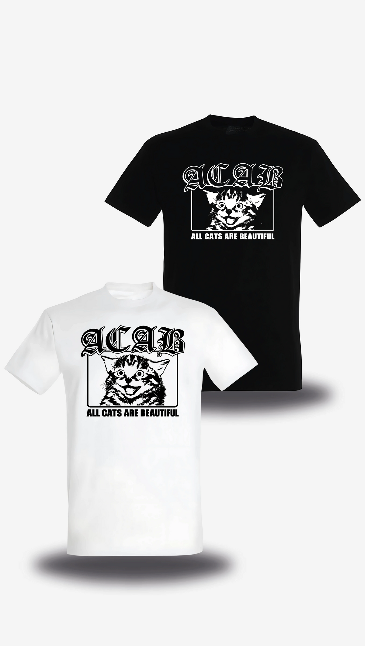 T-shirt « ACAB All Cats Are Beautiful » en blanc et noir, vus de face, design politique et communauté