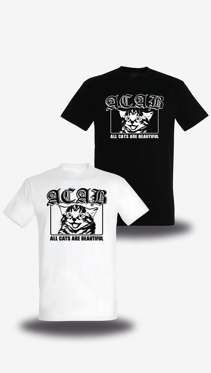 T-shirt « ACAB All Cats Are Beautiful » en blanc et noir, vus de face, design politique et communauté