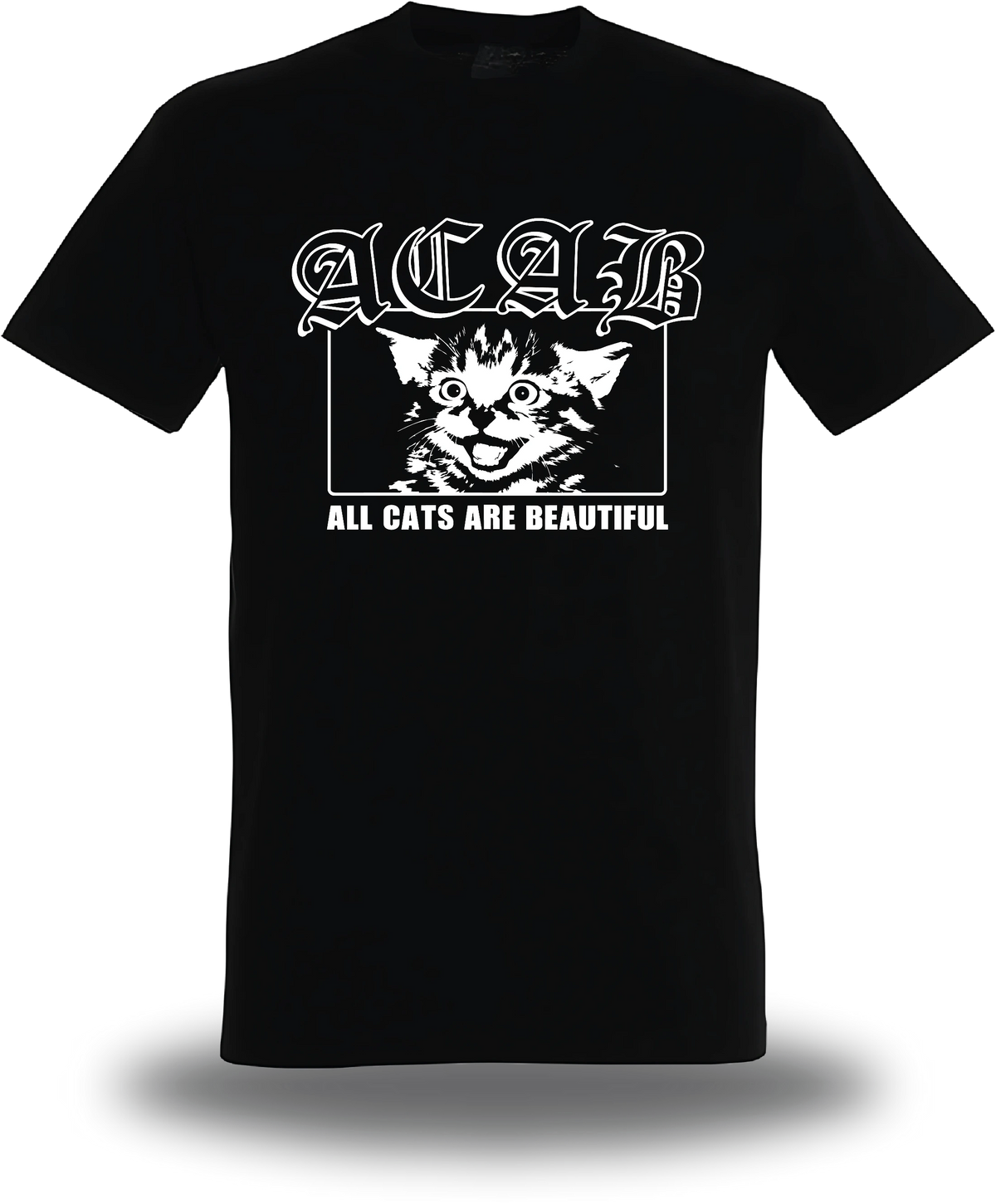 T-shirt noir « ACAB All Cats Are Beautiful » vu de face, design politique et communauté