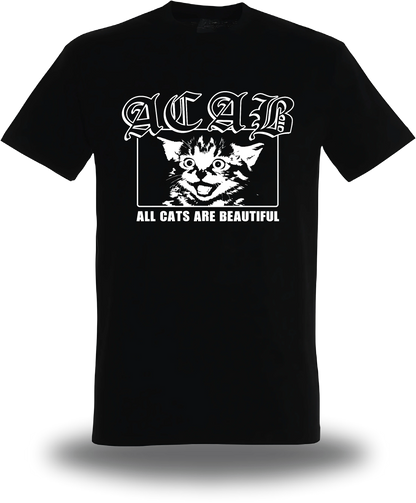 T-shirt noir « ACAB All Cats Are Beautiful » vu de face, design politique et communauté