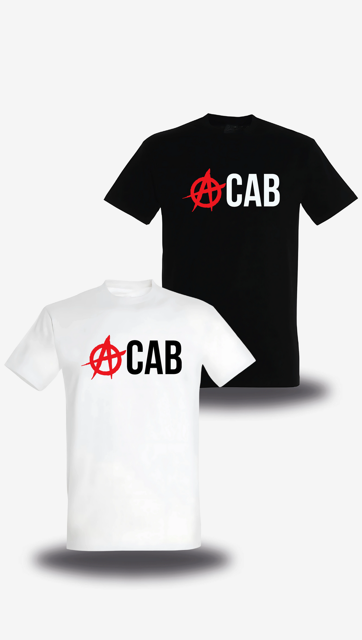 T-shirt « ACAB Anarchique » en blanc et noir, vus de face, design politique et manifestation
