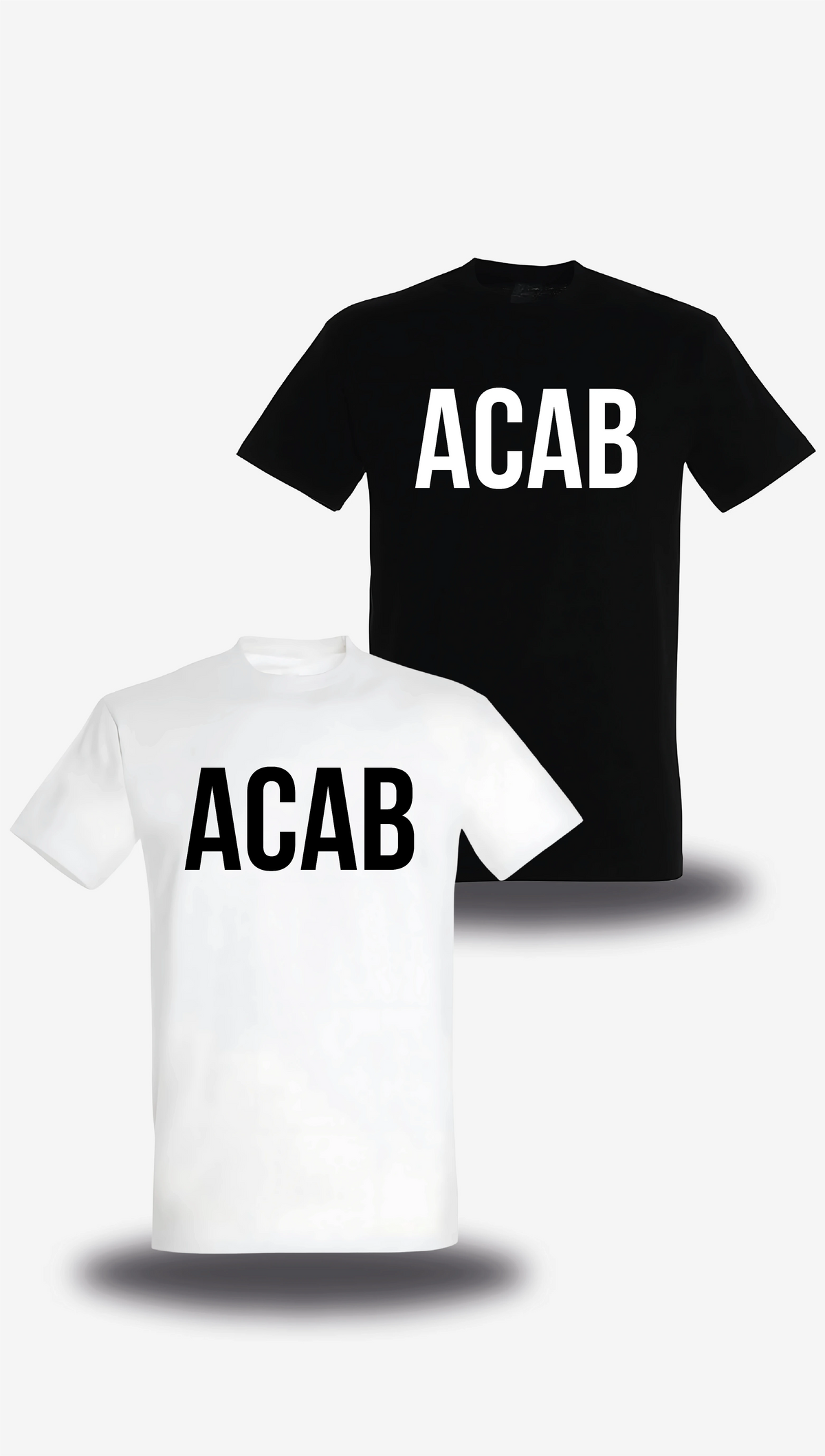 T-shirt « ACAB - All cops are Bastards » en blanc et noir, vus de face, design politique et révolution