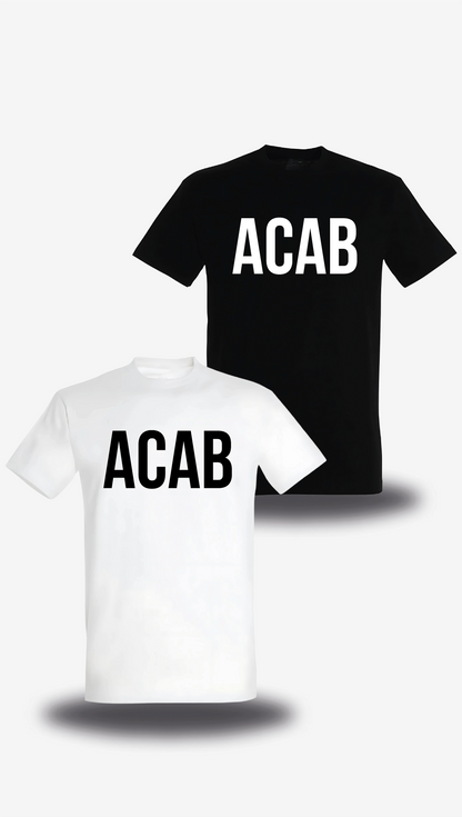T-shirt « ACAB - All cops are Bastards » en blanc et noir, vus de face, design politique et révolution