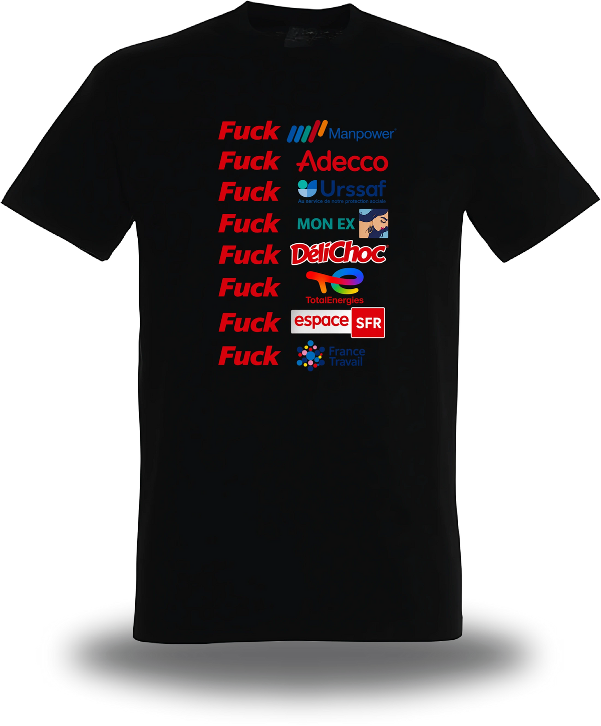 T-shirt noir Anyme Fuck manpower - Plus dur que l'intérim vu de face, design humour, geek culture, intérim