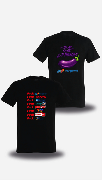T-shirt noir Anyme Fuck manpower - Plus dur que l'intérim vu de face et de dos, design humour, geek culture, intérim