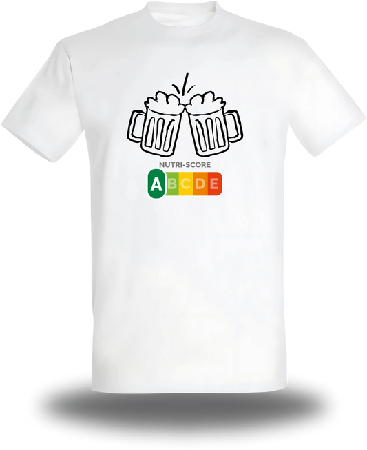 T-shirt blanc Biere Nutri Score vu de face, design humour beauf, alcool, Bière Nutri Score, assument