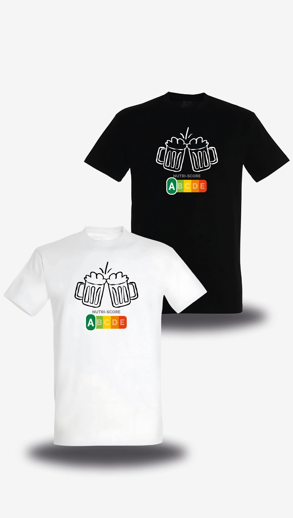 T-Shirt „Biere Nutri Score“, in Weiß und Schwarz, Vorderansicht, Motiv: Proll-Humor, Alkohol und selbstbewusst