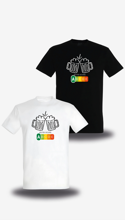 T-Shirt „Biere Nutri Score“, in Weiß und Schwarz, Vorderansicht, Motiv: Proll-Humor, Alkohol und selbstbewusst