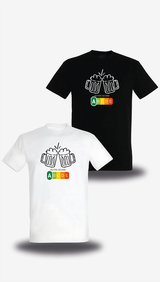 T-shirt Biere Nutri Score en blanc et noir, vus de face, design humour beauf, alcool, Bière Nutri Score, assument