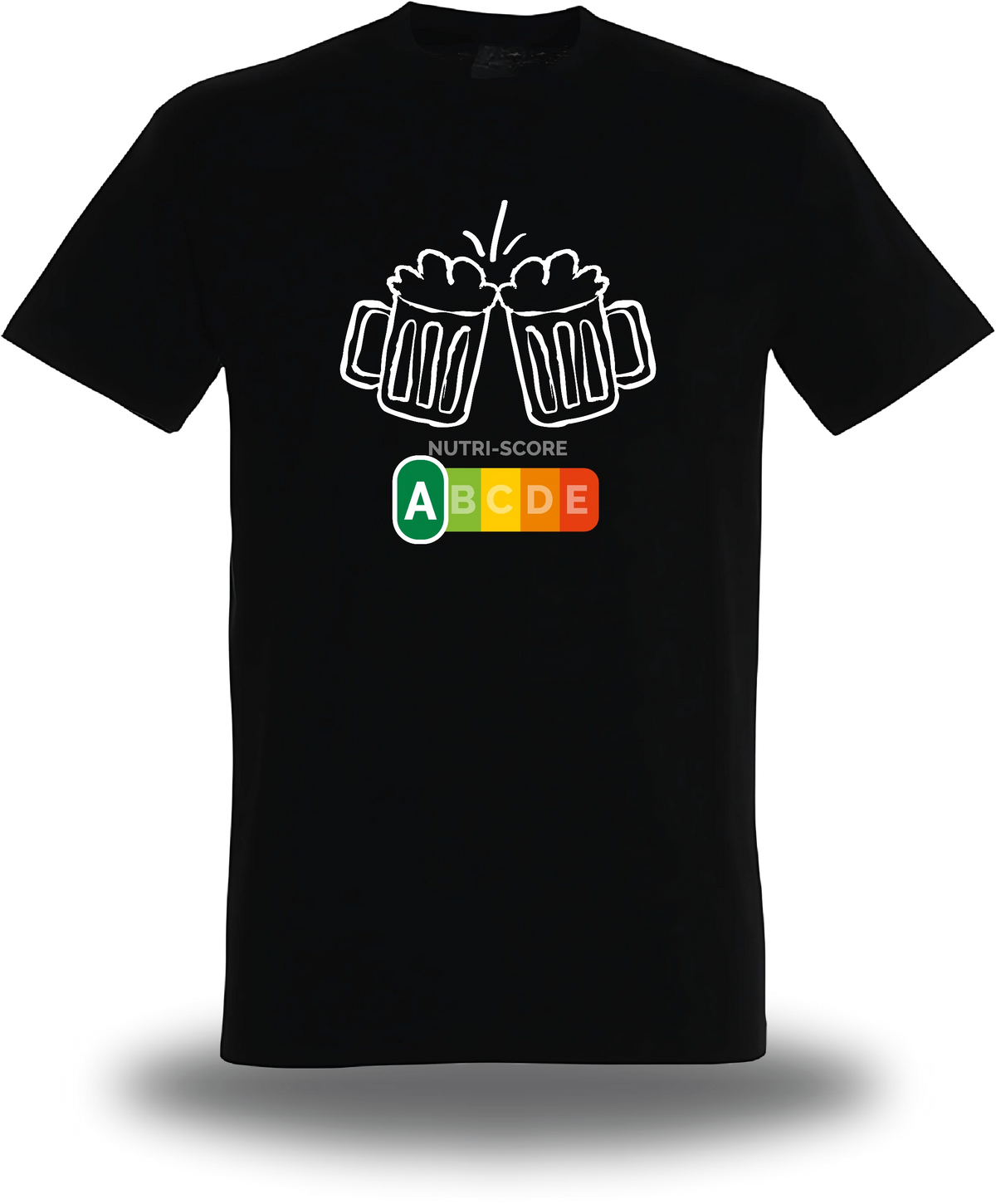 Schwarzes T-Shirt „Biere Nutri Score“, Vorderansicht, Motiv: Proll-Humor, Alkohol und selbstbewusst