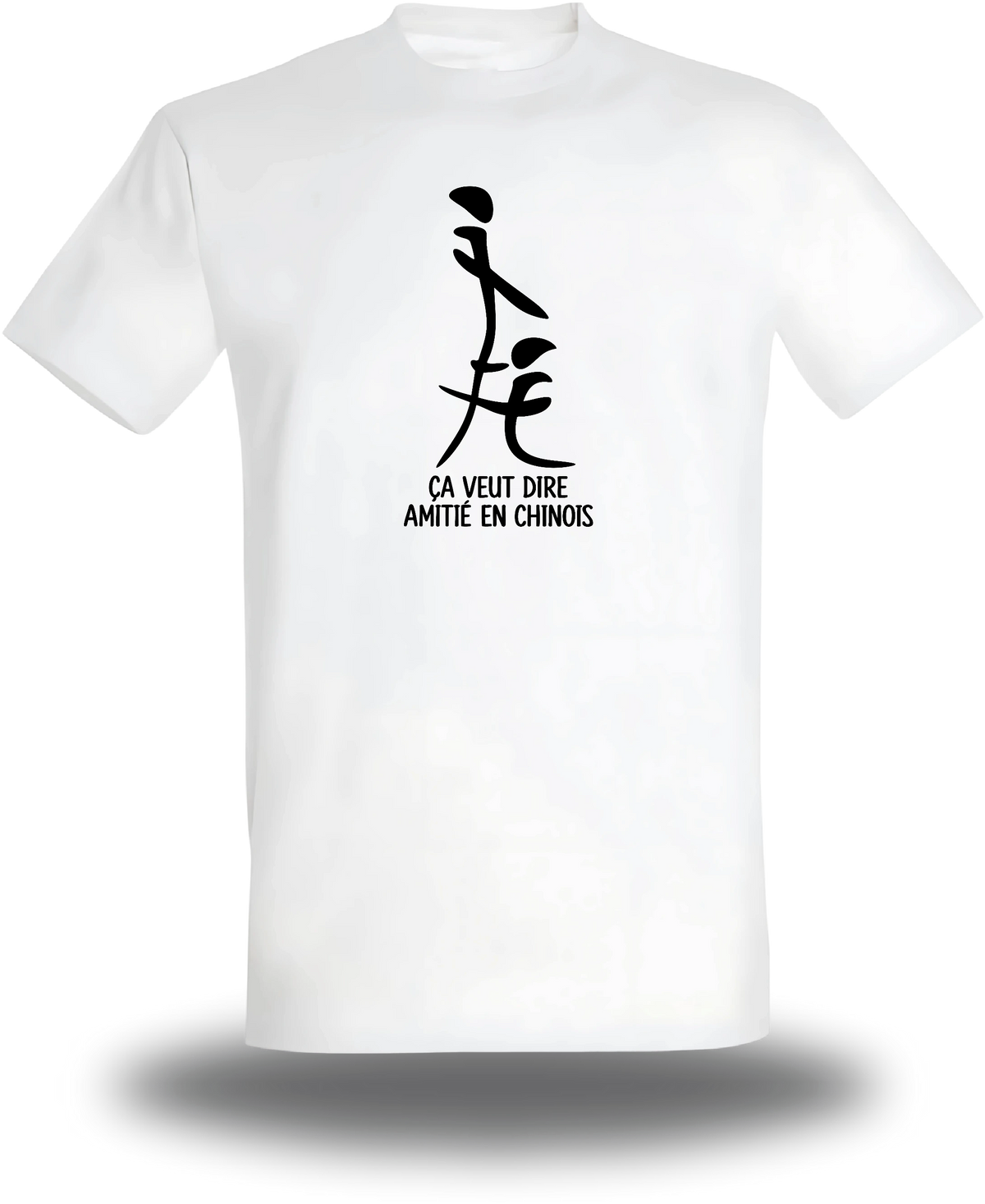 T-shirt blanc "Ca Veut Dire Amitie En Chinois" vu de face, design humour, humour beauf, sexe, sex
