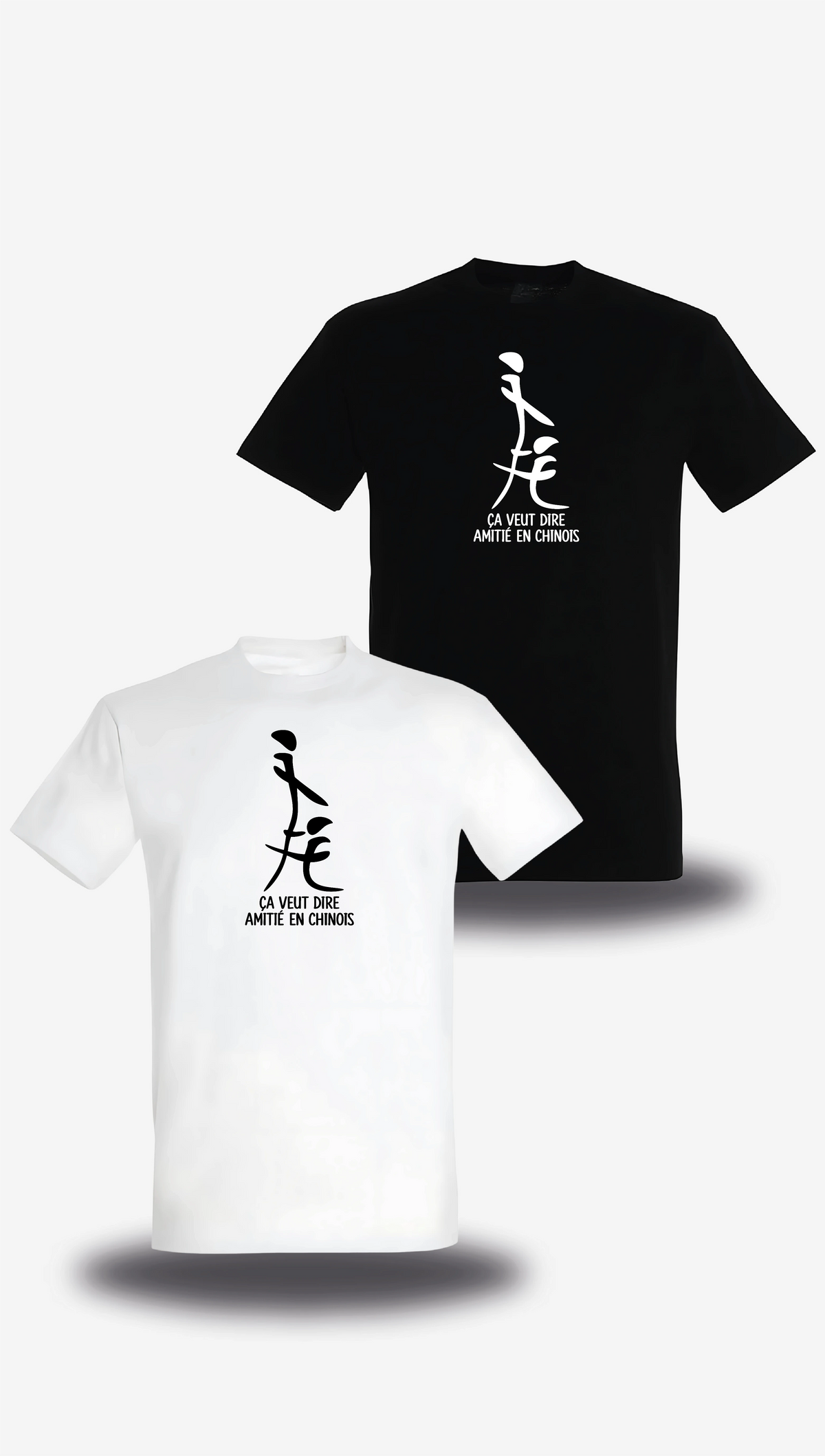 T-shirt "Ca Veut Dire Amitie En Chinois" en blanc et noir, vus de face, design humour, humour beauf, sexe, sex