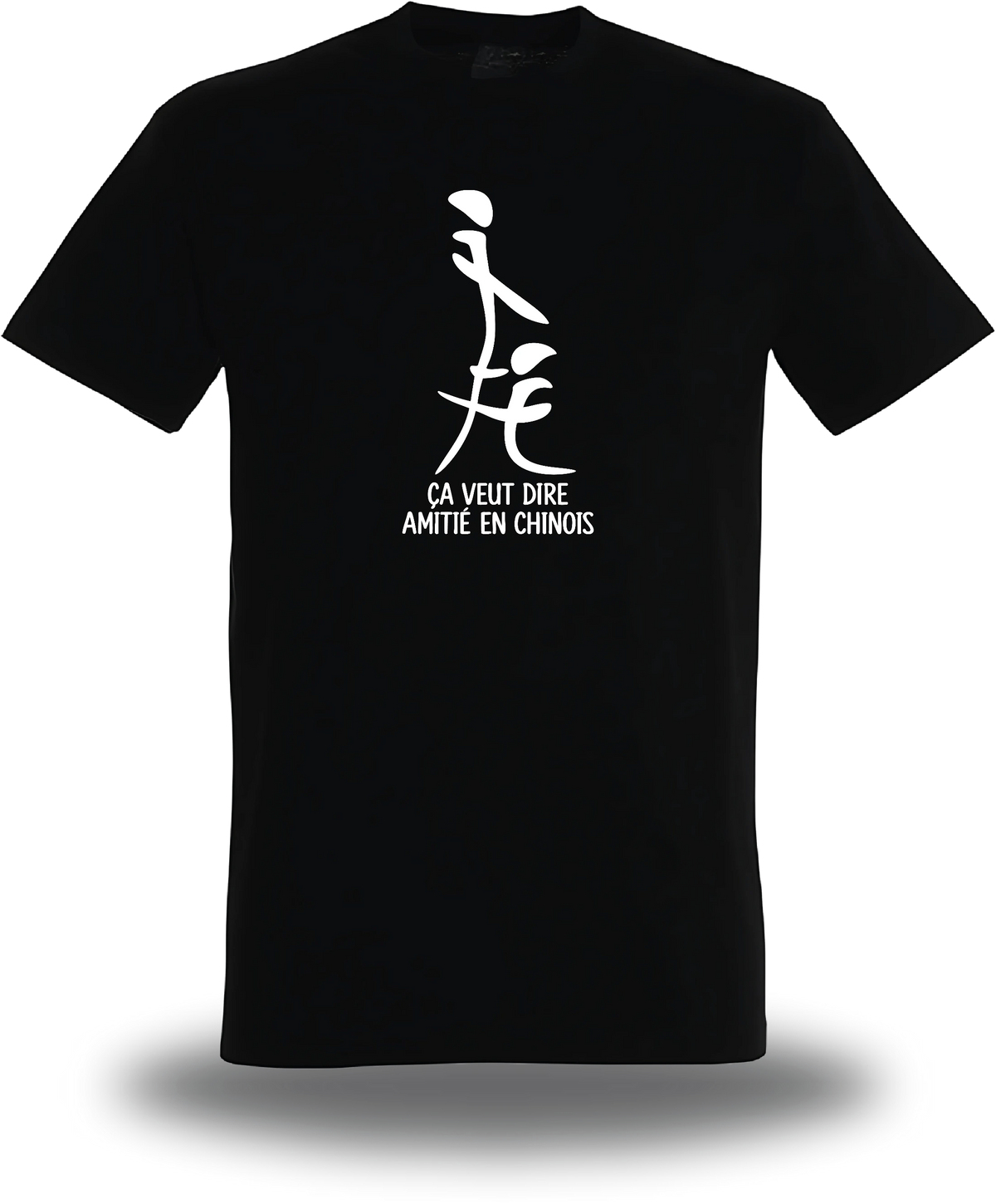 T-shirt noir "Ca Veut Dire Amitie En Chinois" vu de face, design humour, humour beauf, sexe, sex