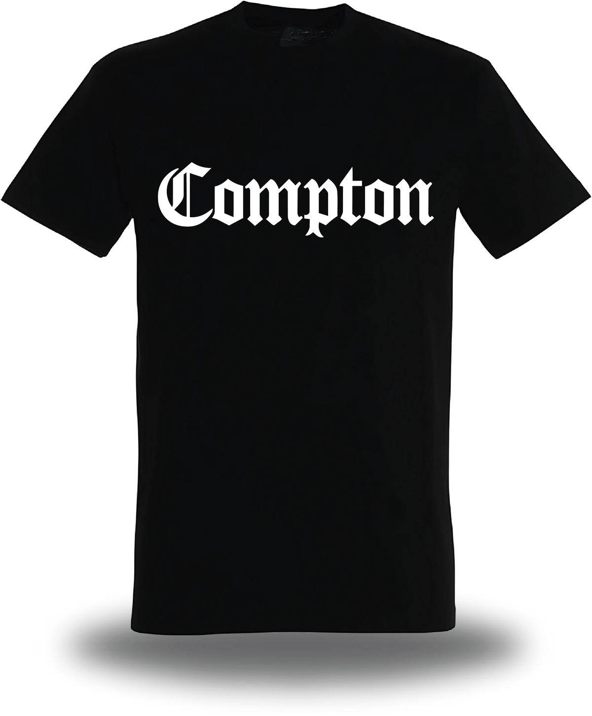 T-shirt noir Compton vu de face, design film, communauté, streetwear, musique
