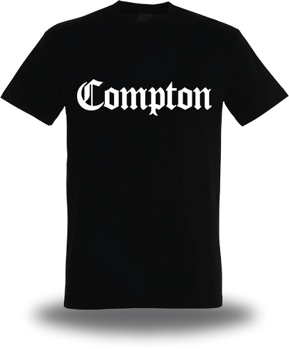 T-shirt noir Compton vu de face, design film, communauté, streetwear, musique
