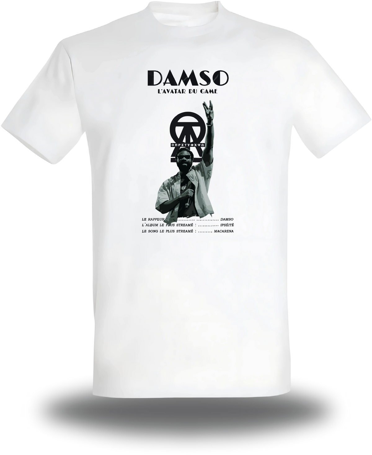 Weißes T-Shirt „Damso“, Vorderansicht, Motiv: Musik und Rap