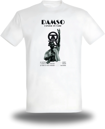 Weißes T-Shirt „Damso“, Vorderansicht, Motiv: Musik und Rap