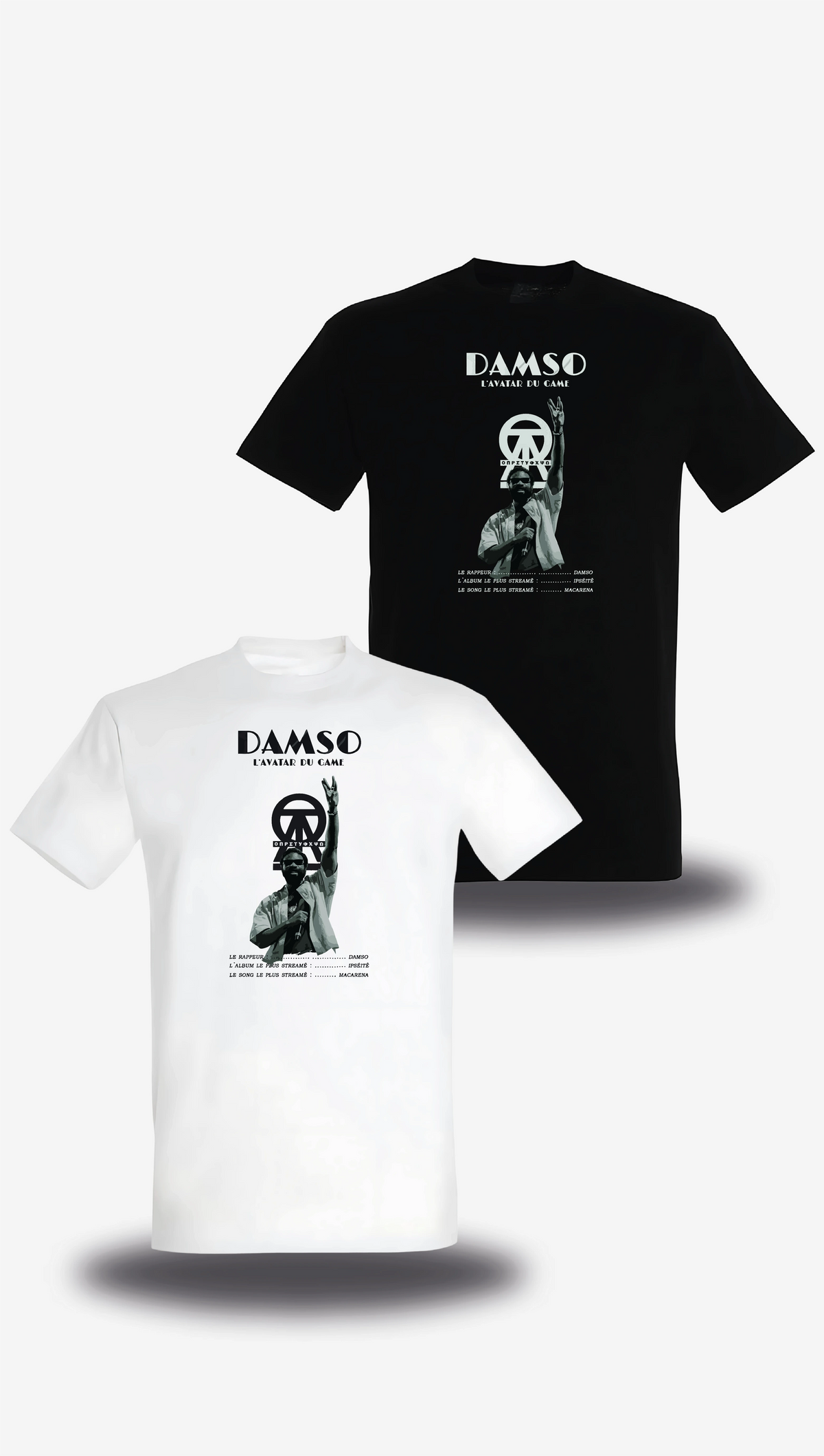 T-Shirt „Damso“, in Weiß und Schwarz, Vorderansicht, Motiv: Musik und Rap