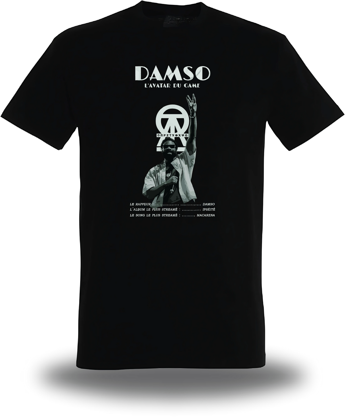 Schwarzes T-Shirt „Damso“, Vorderansicht, Motiv: Musik und Rap
