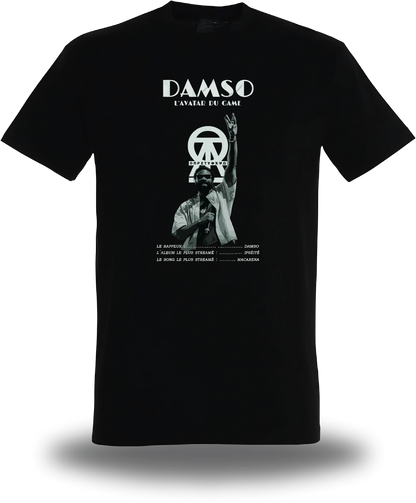 Schwarzes T-Shirt „Damso“, Vorderansicht, Motiv: Musik und Rap
