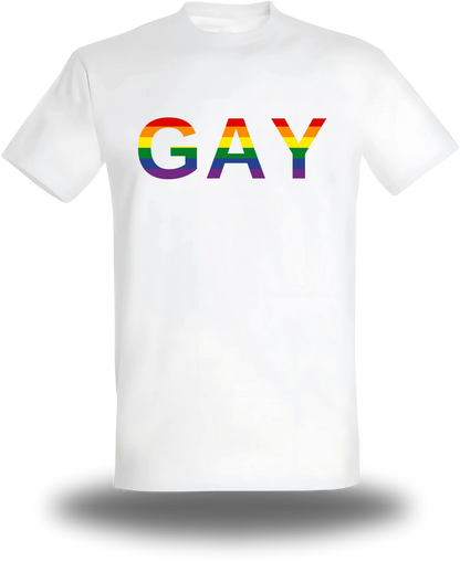 T-shirt blanc « Gay » vu de face, design communauté et lgbt