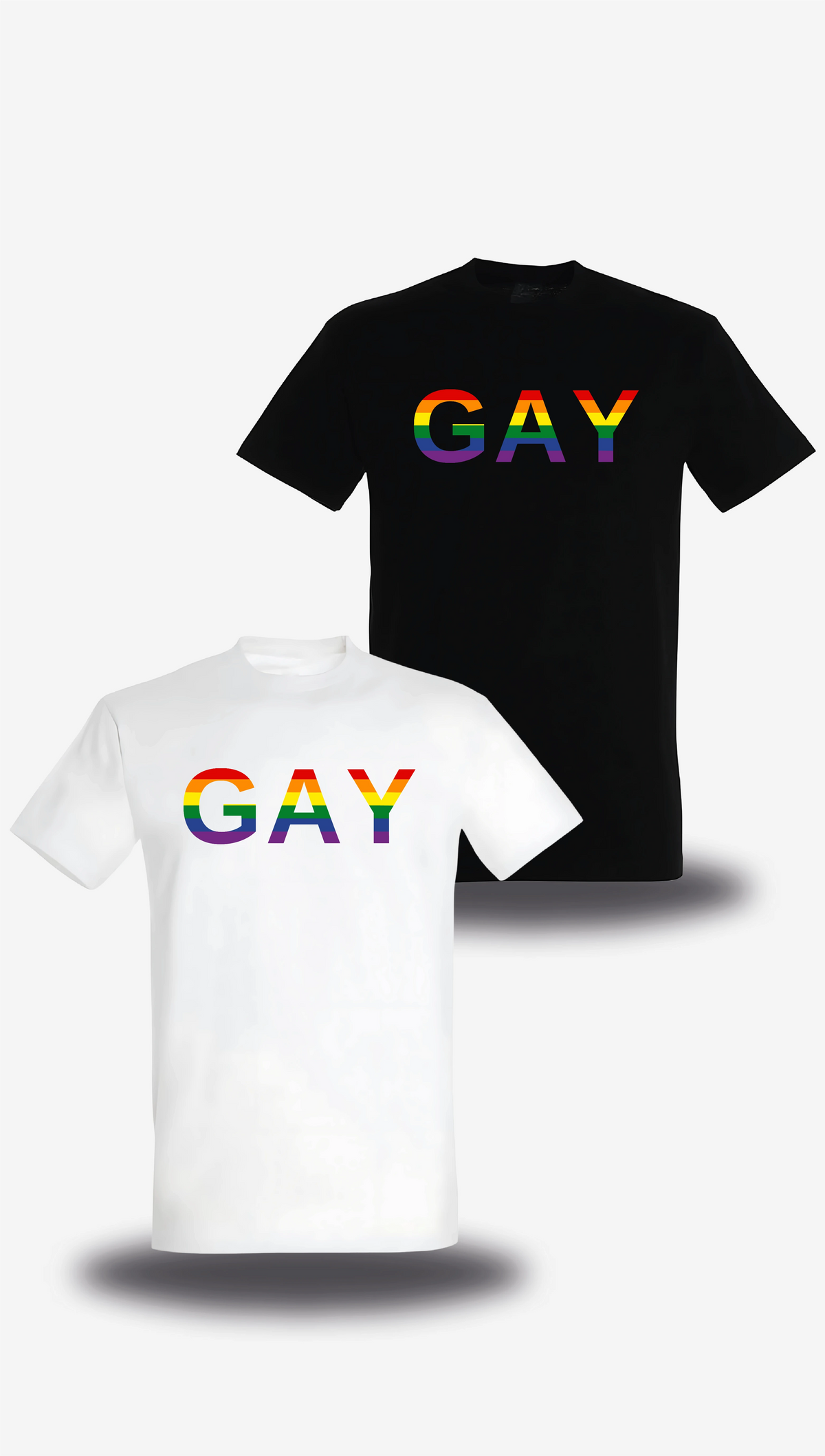 T-shirt « Gay » en blanc et noir, vus de face, design communauté et lgbt