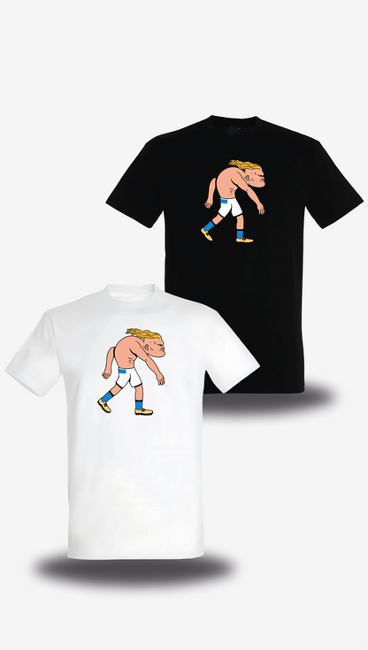 T-shirt Haaland en blanc et noir, vus de face, design sport, football, T-shirt Haaland, vrais