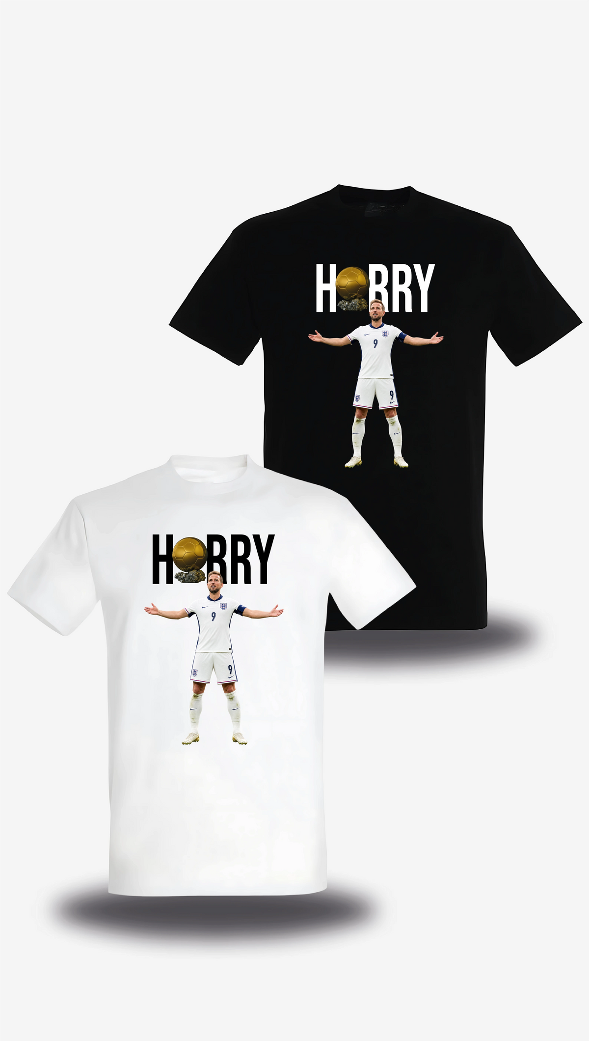 T-shirt « Harry Kane Ballon D'or » en blanc et noir, vus de face, design sport et football
