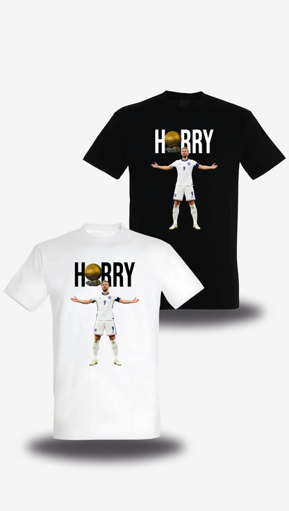 T-shirt « Harry Kane Ballon D'or » en blanc et noir, vus de face, design sport et football