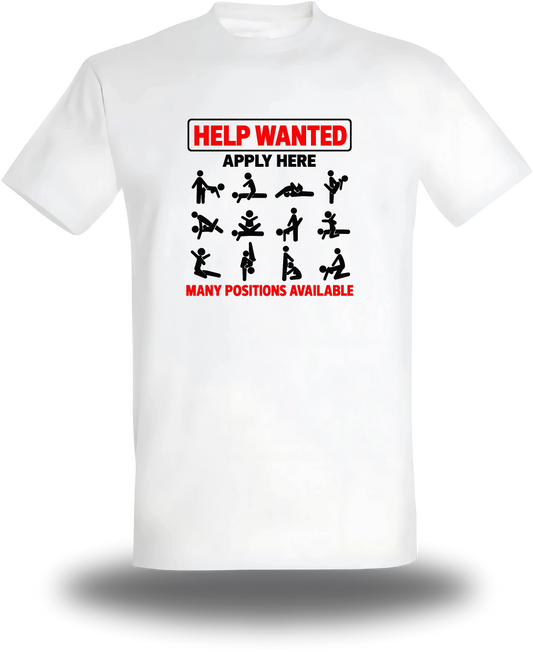 Camiseta blanca «"Se busca personal, aplique aquí" - Posiciones sexuales», vista frontal, diseño de humor y humor hortera