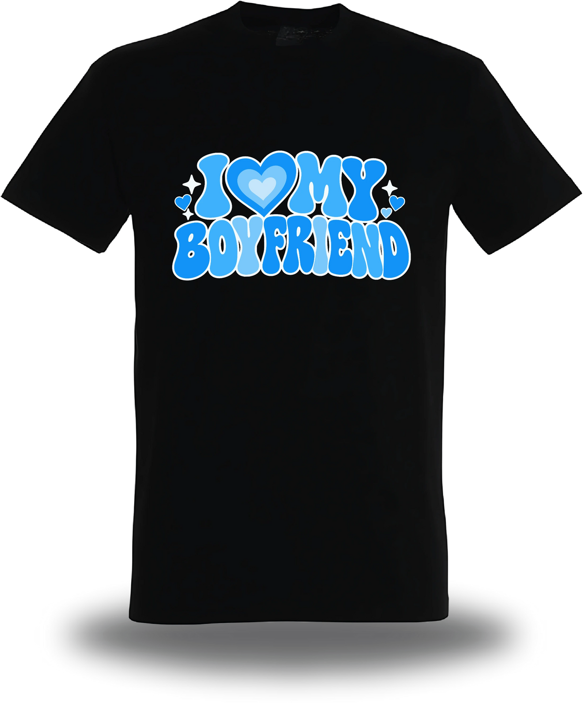 T-shirt noir « I Love My Boyfriend » vu de face, design amour et couple
