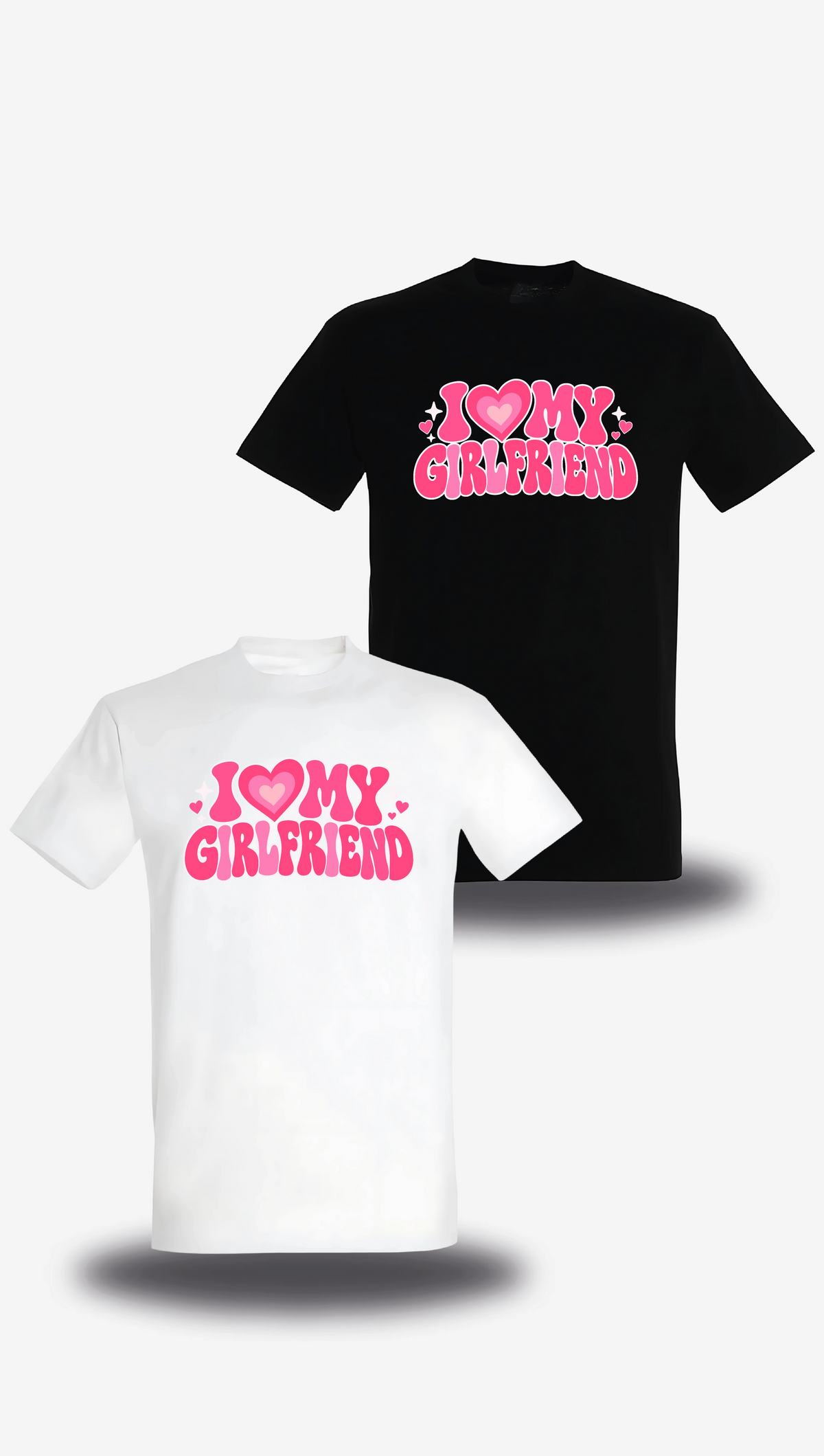 T-shirt « I Love My Girlfriend » en blanc et noir, vus de face, design amour et couple