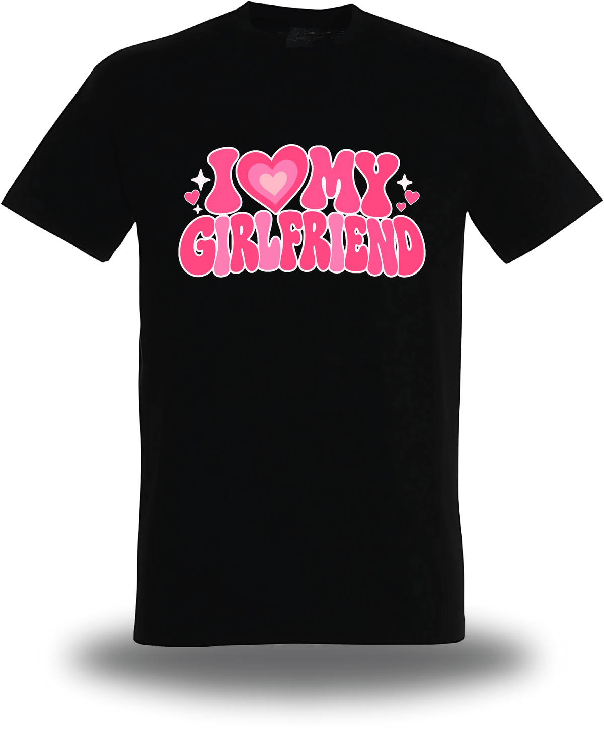 T-shirt noir « I Love My Girlfriend » vu de face, design amour et couple