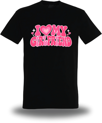 T-shirt noir « I Love My Girlfriend » vu de face, design amour et couple