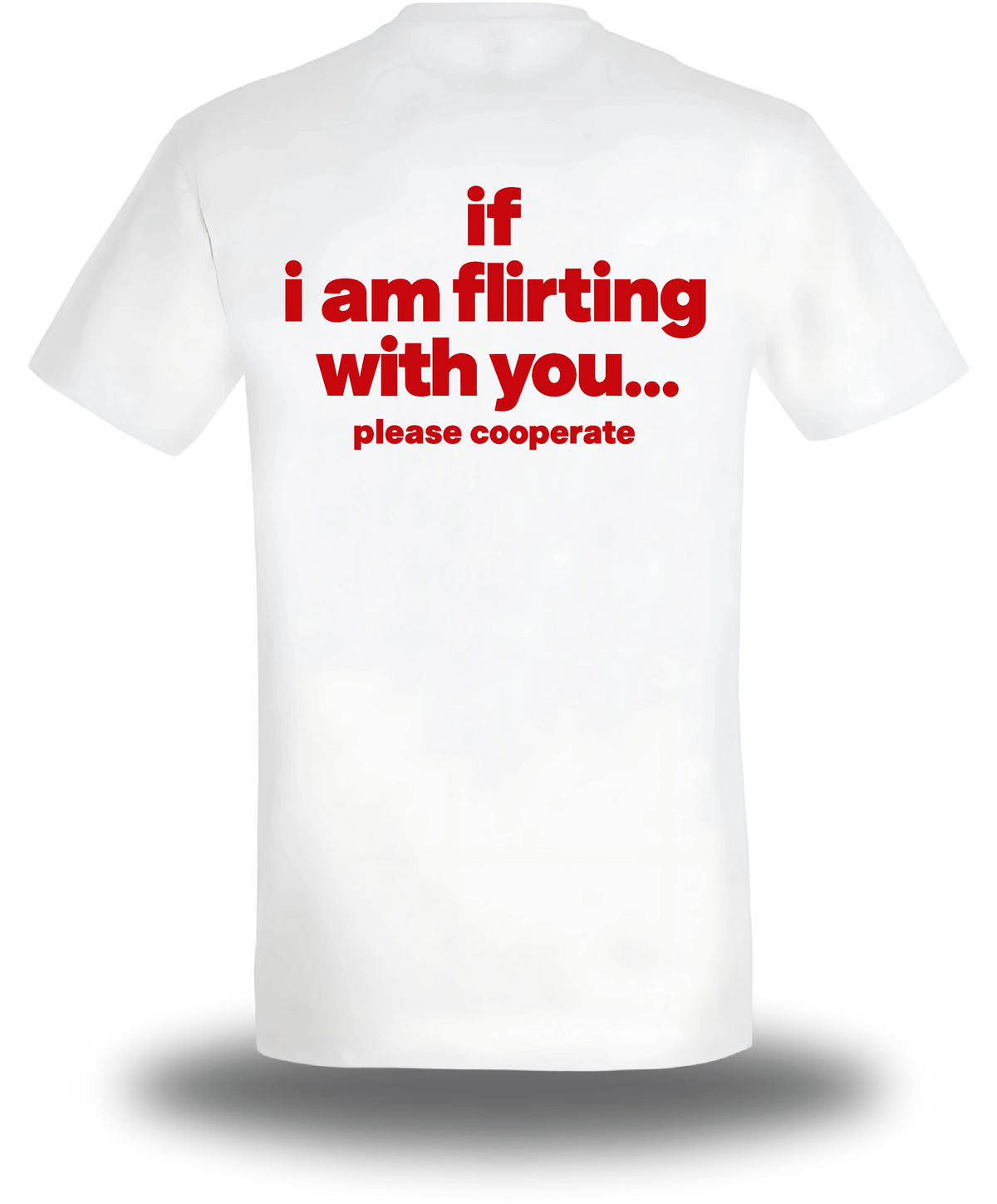 T-shirt blanc If I Am Flirting With You Please Cooperate vu de dos, design humour, humour beauf, humour hot, hot