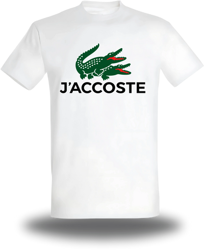 T-shirt blanc J'accoste - Humour vu de face, design humour beauf, lacoste, décalé, assumé